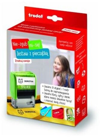 Pieczątka Nie-zgub mi-się zestaw z tuszem do tkanin litery i cyfry w polskiej wersji 8911, Trodat