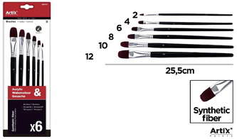 Pędzle syntetyczne zestaw 6 szt. płaskie nr 2 4 6 8, 10, 12 Artix, 519087, Main Paper