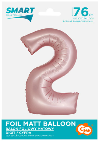 Balon foliowy Smart, Cyfra 2, j. różowa matowa, 76 cm, GoDan