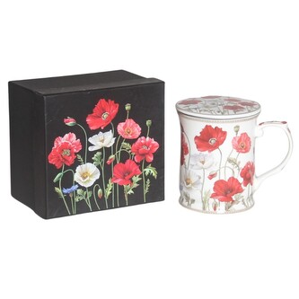 HOME ELEMENTS Hrnek 400 ml se sítkem a víčkem, Máky bílé