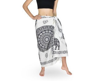 Sarong - Pareo KUJAKU, sloní mandala s květy, bílá