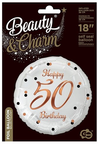 Balon foliowy B&C Happy 50 Birthday, biały, nadruk różowo-złoty, 18", Godan