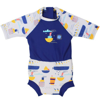Splash About Plavky Happy Nappy kostýmek 3/4 rukáv Sunsuit Tug Boats Vel. M (3-8 měs.)