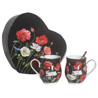 HOME ELEMENTS Sada dvou šálků 350 ml se lžičkami, Máky černé