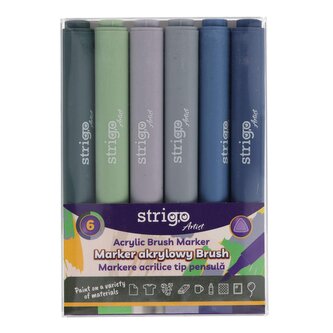 Strigo. Markery akrylowe trójkątne 6 kolorów. Końcówka Brush. Zestaw 8