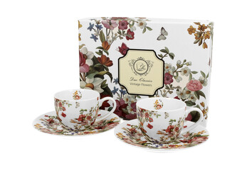 2 filiżanki espresso ze spodkami VINTAGE FLOWERS WHITE