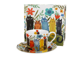 Filiżanka ze spodkiem elegant Koci Świat KOTY OGRODOWE