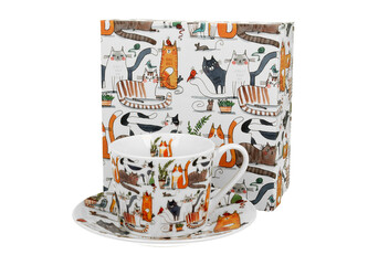 Filiżanka ze spodkiem elegant Koci Świat LENIWE KOTY