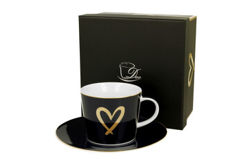 Filiżanka ze spodkiem Granatowa - ZŁOTE SERDUSZKO