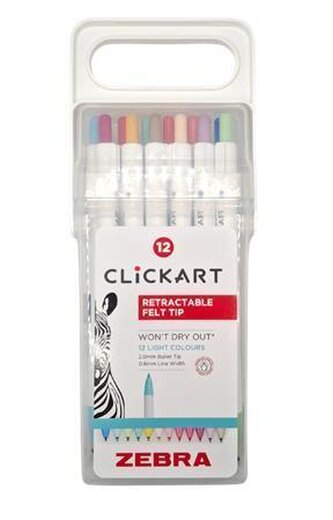 Fixy "Clickkart", 12 barev, 0,6 mm, stiskací mechanismus, ZEBRA 2718