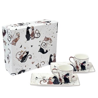 HOME ELEMENTS Espresso set 2 šálky 90 ml s podtácky, Kočky