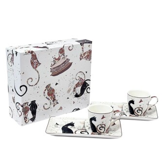 HOME ELEMENTS Espresso set 2 šálky 90 ml s podtácky, Kočky