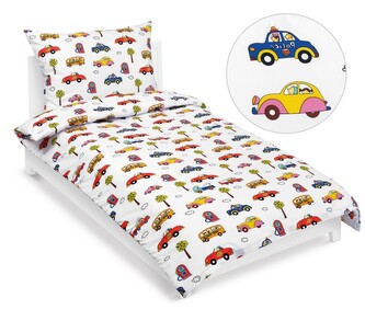 Povlečení bavlněné Junior - Auta bílá, červená, modrá - 140x200, 70x90 cm