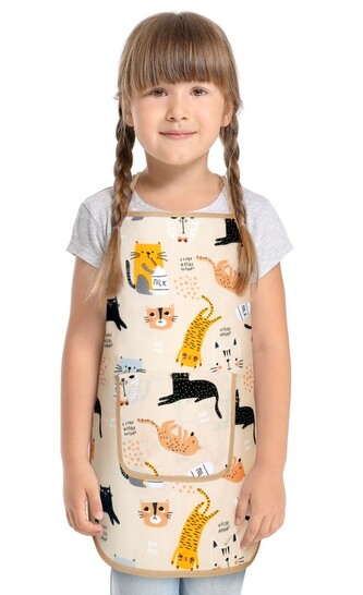Dětská zástěrka - Kočičky béžová, žllutá, šedá - 47 x 60 cm, pro děti ve věku 5 - 8 let