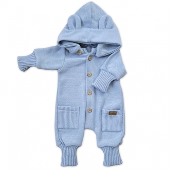 Dětský pletený overálek s odepínací kapucí - baby blue; 56/62 (0-3m)