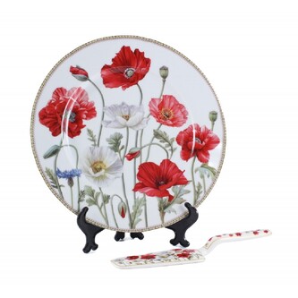 HOME ELEMENTS Servírovací talíř 27 cm s lopatkou Máky bílé