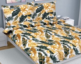 Povlečení bavlna na dvoudeku - Listy palmové zlatá, šedá, bílá - 180x200, 2ks 70x90 cm