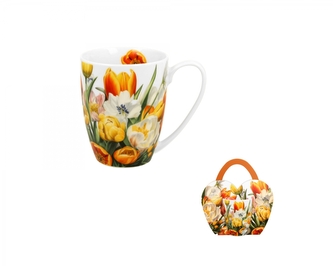 Porcelánový hrnek v košíku - tulipány, 360 ml