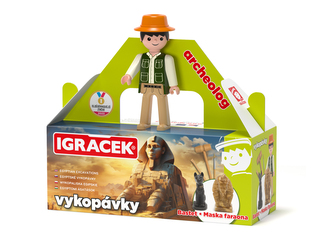 Igráček Archeolog - figurka s egyptskými vykopávkami masky faraona a sošky bohyně Bastet Igráček Archeolog - figurka s egyptskými vykopávkami masky faraona a sošky bohyně Bastet
