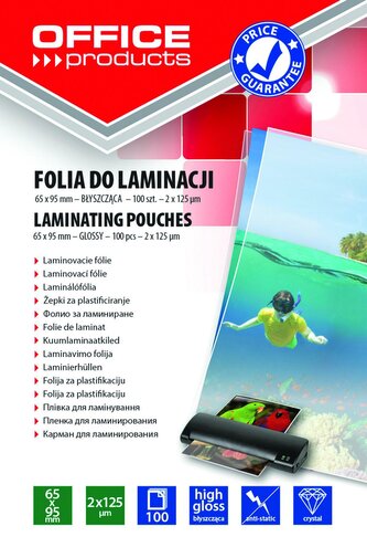 Folia do laminowania 65x95mm, 2x125mikr, błyszcząca, 100szt, transparentna, Office Products