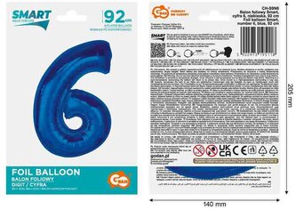 Balon foliowy Smart, cyfra 6, niebieska, 92 cm AA #BFC35, GoDan