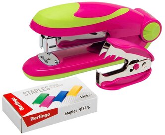 Zestaw Fuze zszywacz różowo-zielony 24/6, 26/6, rozszywacz i zszywki kolorowe, Berlingo