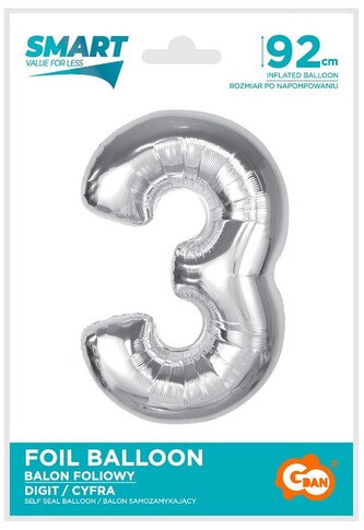 Balon foliowy Smart, cyfra 3, srebrna, 92 cm #BFC38, GoDan
