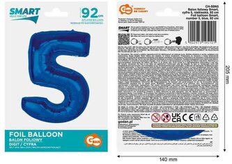 Balon foliowy Smart, cyfra 5, niebieska, 92 cm AA #BFC35, GoDan