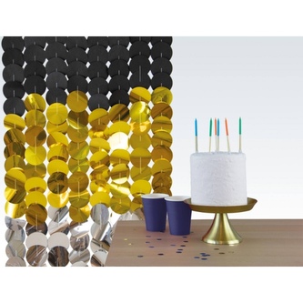 Párty závěs, černé, stříbrné a zlaté kruhy, 80 x 170 cm