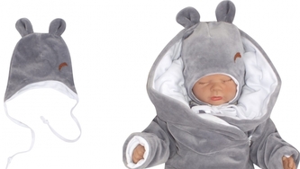 Z&Z Velurová čepice na zavazování s oušky, šedá; 56/62 (0-3m)