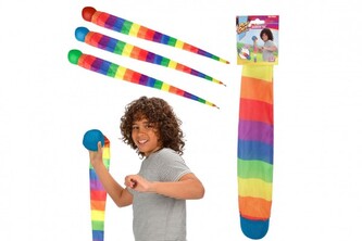 Míček měkký s dlouhým ocáskem látka 100cm duhový na kartě