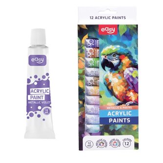 EASY Akrylové barvy 12 ml, 12 barev (6 pastel, 6 metal) EASY Akrylové barvy 12 ml, 12 barev (6 pastel, 6 metal)