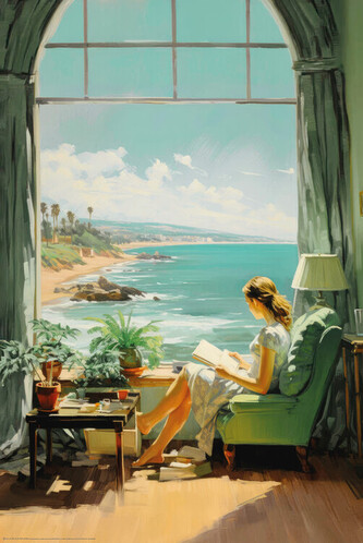 Plakát, Obraz - Reading Time in Paradise in style of Edward Hopper, 61 × 91.5 cm