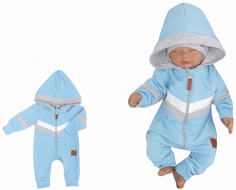 Z&Z Bavlněný kojenecký overal na zip s pruhy SPORT - modrý, vel. 74; 74 (6-9m)