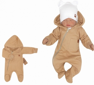 Z&Z Dětský teplákový overálek se šlapkama, kapucí a kapsičkou, béžový, vel. 80; 80 (9-12m)