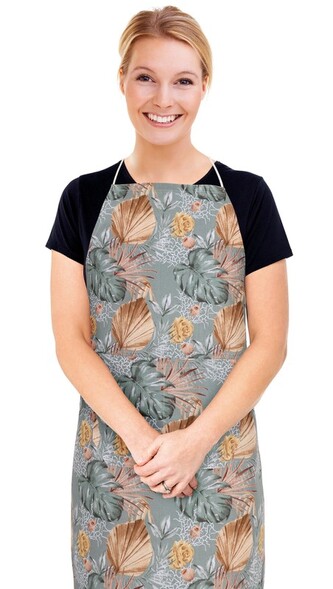 Kuchyňská zástěra ADÉLA - Monstera, růže žlutá, šedá, béžová - zástěra 67x84 cm