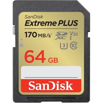 SanDisk Extreme PLUS 64 GB SDXC Memory Card 170 MB/s and 80 MB/s, UHS-I, Class 10, U3, V30