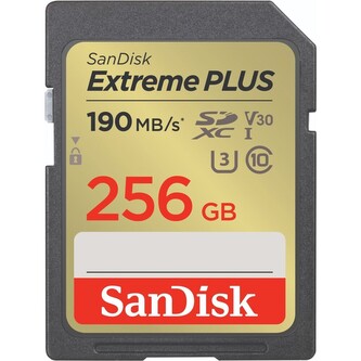 SanDisk Extreme PLUS 256 GB SDXC Memory Card 190 MB/s and 130 MB/s, UHS-I, Class 10, U3, V30