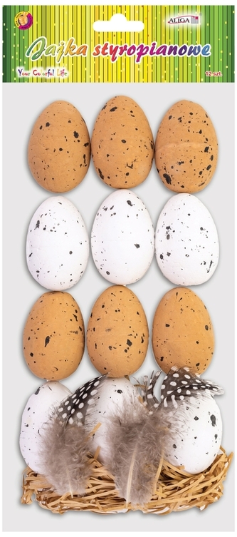 Jajka styropianowe nakrapiane z piórkami rozm. 5,5 cm, op.12 szt. WPJ-4765, Aliga