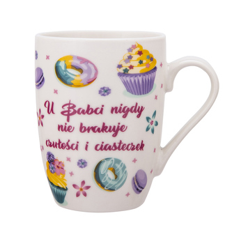 BABCINE SŁODKOŚCI ZESTAW PREZENTOWY KUBEK PORCELANOWY 320 ML I RĘKAWICA KUCHENNA 18X28 CM 100% BAWEŁNA