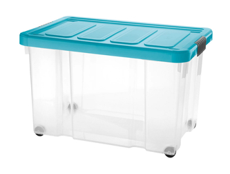 Úložný box s klipem a kolečky PUZZLE 60 l transp/modrá