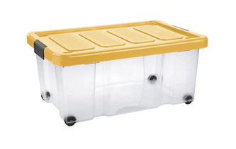 Úložný box s klipem a kolečky PUZZLE 43 l transparent/oranžová
