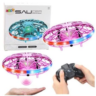 Dron UFO sterowany ręką ze światłem różowy