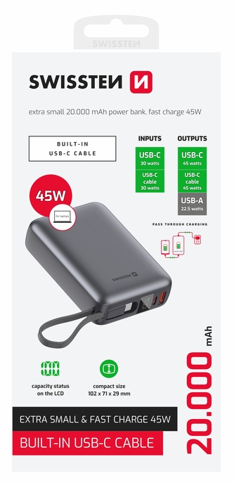SWISSTEN POWER BANK 20000 mAh 45W S INTEGROVANÝM KABELEM USB-C VESMÍRNĚ STŘÍBRNÁ