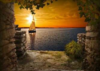 Diamantový obrázek - plachetnice při západu slunce 30 x 40 cm