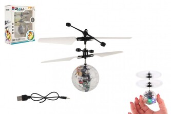 Vrtulníková koule létající plast 13x11cm reagující na pohyb ruky s USB kabelem průhledná v krabičce