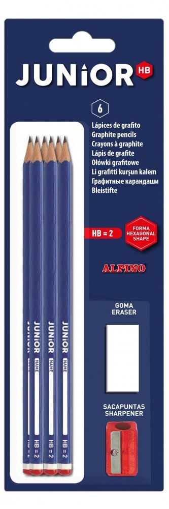 Balení 6 grafitových tužek Junior +1 ořezávátko + 1 guma