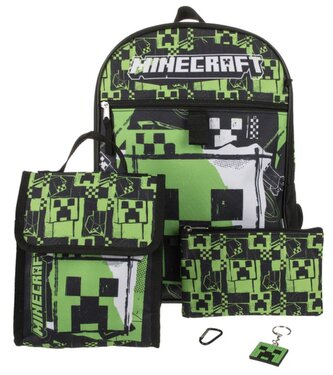 Školní batoh Minecraft: Creeper s příslušenstvím - svačinová taška - karabina - penál - klíčenka (objem 14 litrů|31 x 41 x 11 cm)
