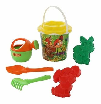 Polesie 5112 Zestaw do piasku Nr338 wiaderko z nalepką, sito Słonko, łopatka Nr5, grabki Nr5, foremki (wiewiórka + piesek), konewka mała Nr4