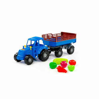 Polesie 02277 Traktor Majster niebieski z przyczepą Nr2 + zestaw zakupowy 6 elementów w siatce